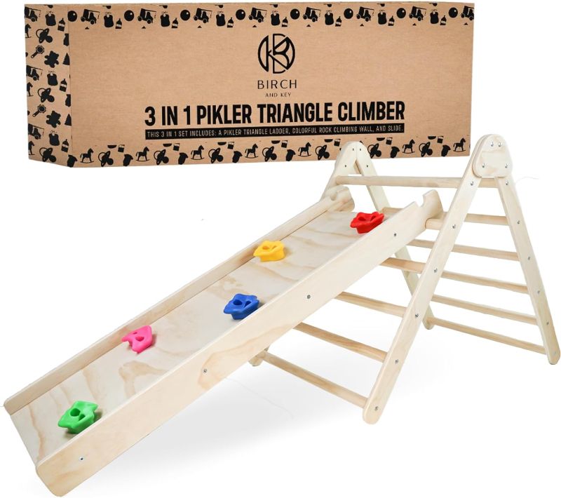 Photo 1 of 3-in-1 Pikler Triangle Set with Slide - Montessori Climbing Set - Wooden Indoor Playground - Climbing Toys for Toddlers - Pikler Triangle Ladder, Rock Climbing Wall & Slide - Baby Jungle Gym 