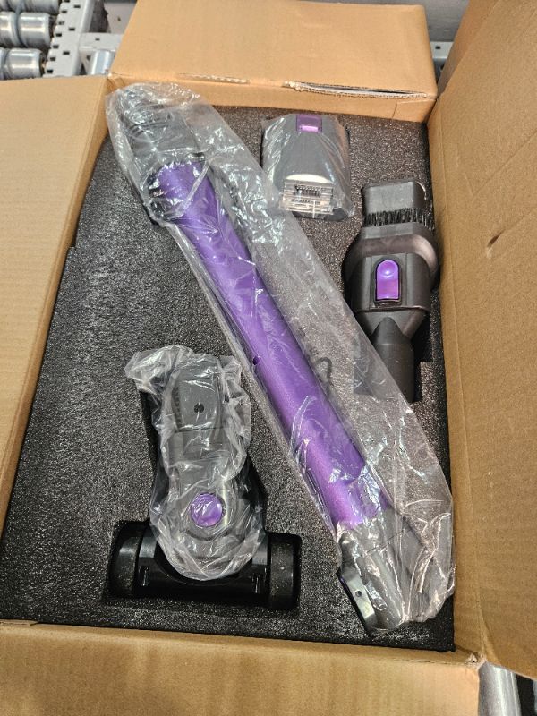 Photo 2 of (visibly used)  Voweek Cordless Vacuum Cleaner, Lightweight Stick Vacuum Cleaner with Powerful Suction, Detachable Battery, LED Brush, 1.3L Dust Cup, 4 in 1 Handheld Vacuum for Home Hard Floor Carpet (Purple)