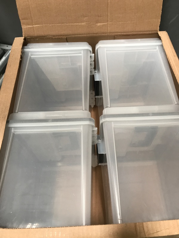 Photo 1 of IRIS USA 19 Qt. WEATHERPRO Letter Size Portable File Box, 4 Pack, Plastic Storage Container with Organizer-Lid and Seal and Secure Latching Buckles, Weathertight, Clear with Black Buckle 4-Pk Clear - w/ Handle