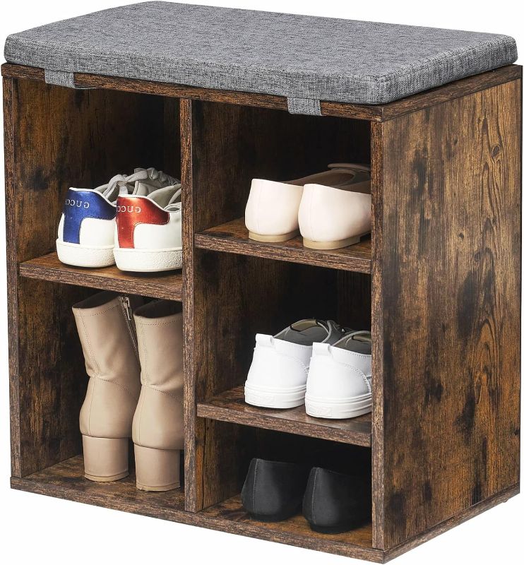 Photo 1 of **NOT EXACT SAME AS STOCK PHOTO** Shoe Bench, Shoe Storage Organizer with 5 Compartments and 3 Adjustable Shelves, Cushioned Seat, Compact and Narrow, for Entryway, Hallway, Closet (Brown) (Seat is Black)