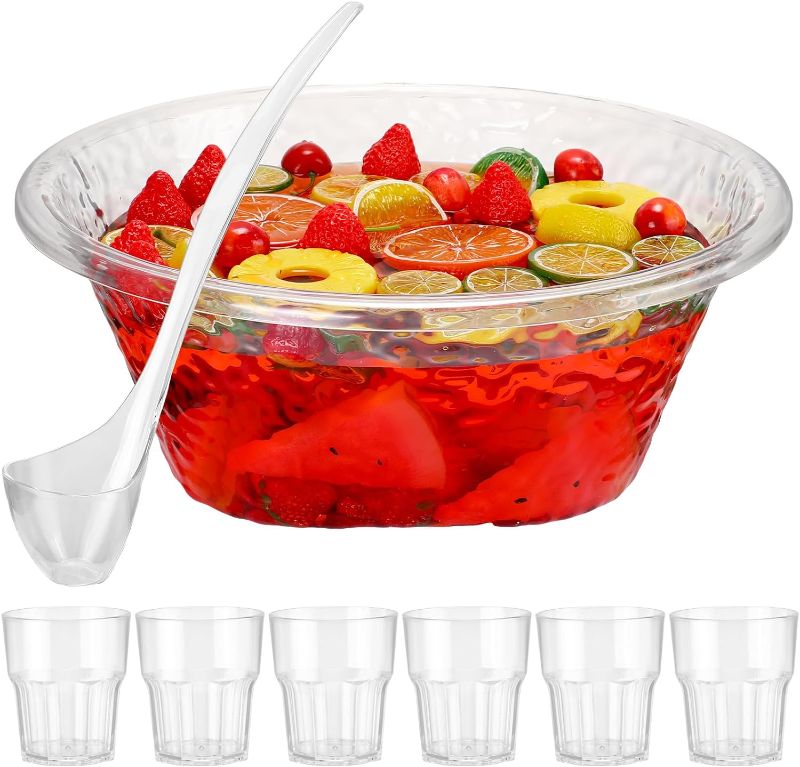 Photo 1 of 2.5 Gallon Punch Bowl with Ladle Stackable Plastic Tumbler Cups Set Include an Embroidered Punch Plastic Bowls with a Ladle 6 Pcs 10 oz Clear Plastic Glasses for Soup Water Parties