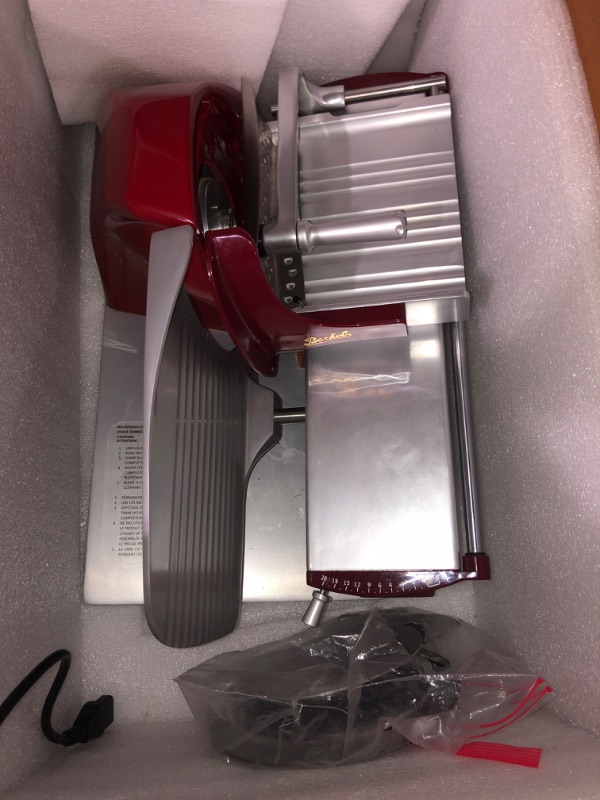 Photo 2 of (NON-REFUNDABLE) Berkel Home Line Hl200  Food Slicer/Red/10" Blade/Electric Food Slicer/Slices Prosciutto, Meat, Cold Cuts, Fish, Ham, Cheese, Bread, Fruit and Veggies/Adjustable Thickness Dial/Home-use electic slicer