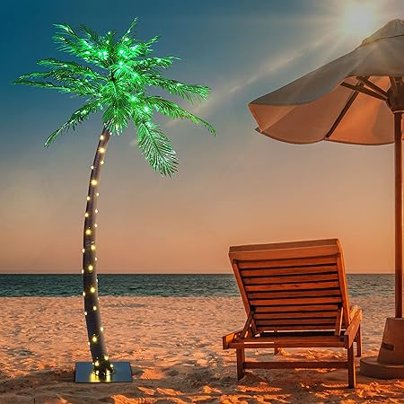 Photo 1 of **MINOR DAMAGE CUT IN WIRE TO LIGHTS** Lighted Palm Tree 7FT 96 Green/56 White LED Artificial Palm Tree Lights for Decoration Outdoor and Indoors Tiki Bar Christmas Patio Pool
