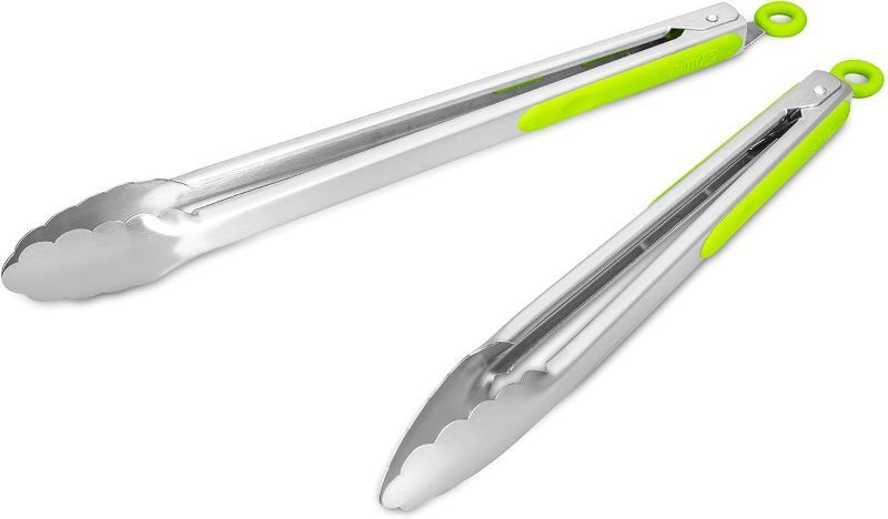 Photo 1 of 304 Stainless Steel Kitchen Cooking Tongs, 12" and 14" Set of 2 Sturdy Grilling Barbeque Brushed Locking Food Tongs with Ergonomic Grip, Green