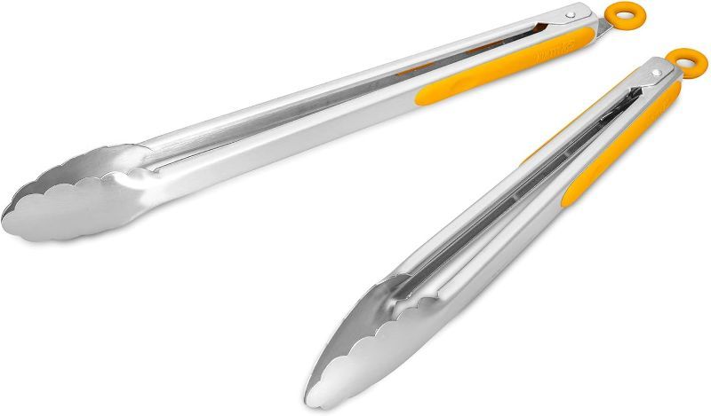 Photo 1 of 304 Stainless Steel Kitchen Cooking Tongs, 12" and 14" Set of 2 Sturdy Grilling Barbeque Brushed Locking Food Tongs with Ergonomic Grip, Orange