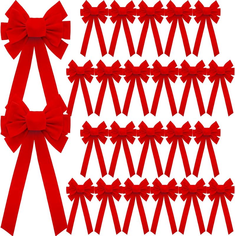 Photo 1 of 36 Pcs Large Christmas Red Velvet Bows 21 x 9 in Red Wreath Bows Christmas Decorative Bows for Tree Topper Indoor Outdoor Xmas Tree Garland Stair Fence Home Front Door Hanging Party Supplies