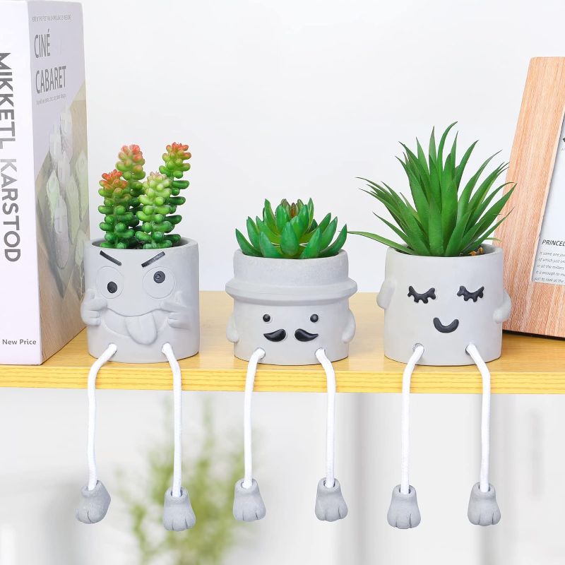 Photo 1 of MOSROAD 3 Pcs Cute Artificial Succulent Plants, Creative Artificial Potted Plants Hanging Leg Fake Succulents Decor, Small Cement Potted Faux Succulents.