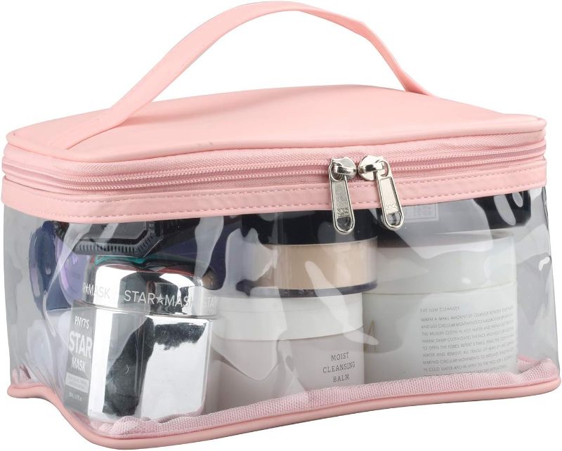 Photo 1 of HAOGUAGUA Heavy Duty Clear Large Makeup Bag with Internal Pocket, Waterproof Cosmetics Bag for Travel or Home Use, Transparent PVC Toiletry Storage Carry Pouch with Handle (Pink)
