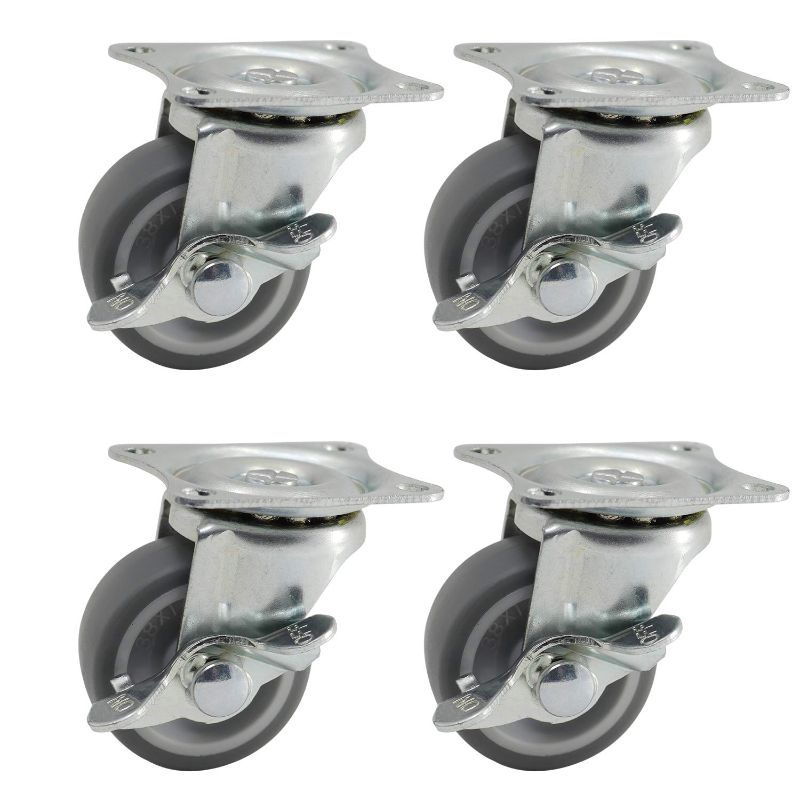 Photo 1 of 1.5" Swivel TRP Rubber Caster w/Metal Side Brake, Smooth Rolling Top Plate 5.3mm Bolt Hole Install, Plain Bearing Wheel Moving Silent Sturdy, 200Lbs/90Kg Total Load Capacity Pack of 4
