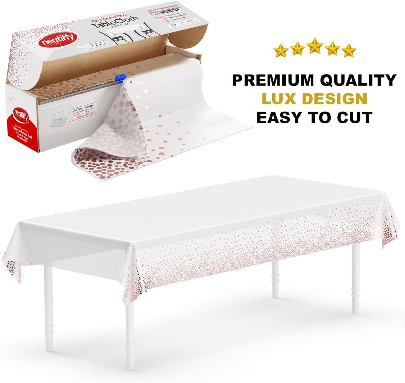 Photo 1 of 
Neatiffy 54 in x 100 Ft - Disposable Plastic Table Cloth Roll with Slide Cutter | Waterproof Cover for Rectangle, Square, Oval Tables | Picnic, Party,...