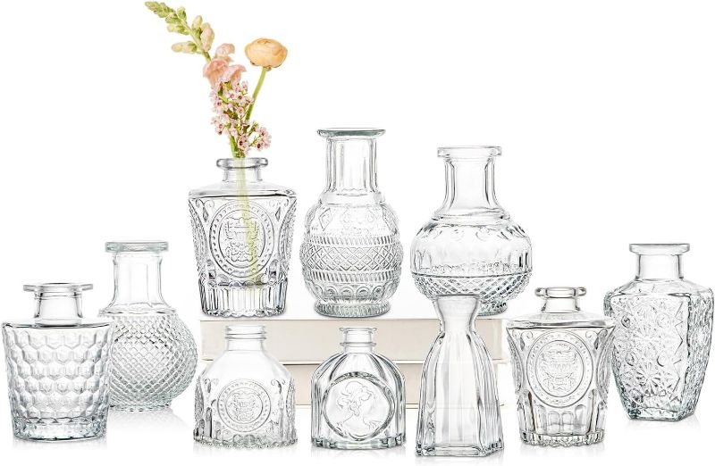 Photo 1 of (READ FULL POST) Yirilan Glass Bud Vases Set of 10, Small Vases for Flowers, Clear Flower Vases in Bulk for Centerpieces, Vintage Mini Vases for Wedding Decor, Home Table Decorations. 10 Pcs
