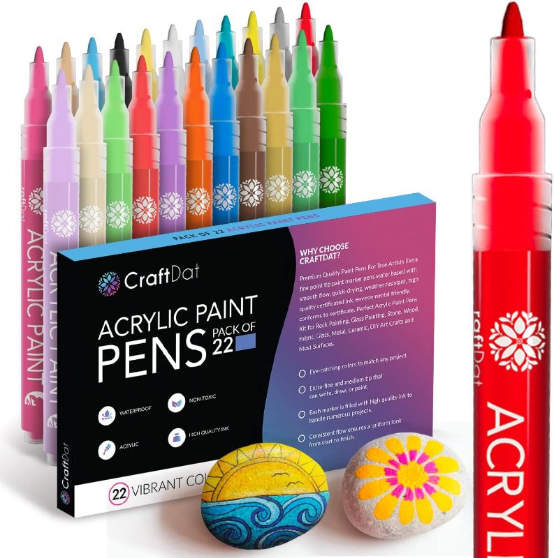 Photo 1 of CraftDat 22 Acrylic Paint Pens Extra Fine Tip 0.7mm For Glass,Canvas,Wood,Rock and Fabric Painting-Non Toxic Acrylic Markers for DIY Art and Crafts, and Christmas with Opaque and Odorless Ink