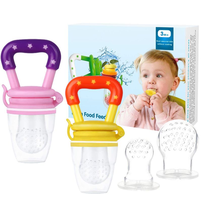 Photo 1 of Baby Fruit Feeder Pacifier (2 Pack) - HAOBAOBEI Infant Teething Toy Teether in Appetite Stimulating Colors, Bonus Includes 3 Sizes Silicone Pouches
