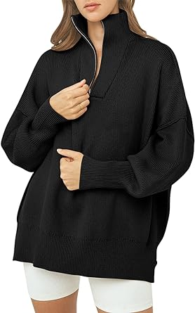 Photo 1 of Caracilia Womens Oversized Sweaters 2023 Quarter Zip Collar Long Sleeve Drop Shoulder Rib Knit Casual Slouchy Pullover Tops