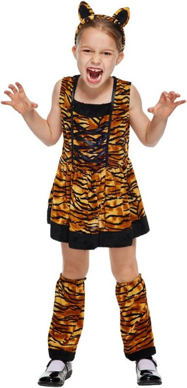 Photo 1 of EraSpooky Cat Costume for Girls Kids Tiger Costume Halloween Animal Costume Dress Suit with Headband Leg-Sleeves