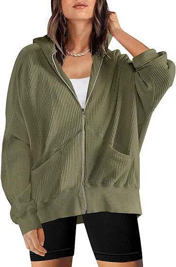 Photo 1 of DARKRANI Womens Waffle Knit Jacket Zip Up Hoodie Oversized Fall Jacket With Pocket Shacket Tops B  3X-Large