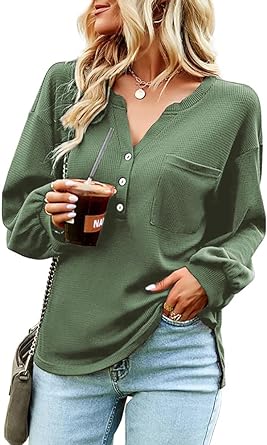 Photo 1 of Fessceruna Womens Waffle Knit Tops Long Sleeve Henley V Neck Loose Fit Side Split Shirts with Pocket  GREEN