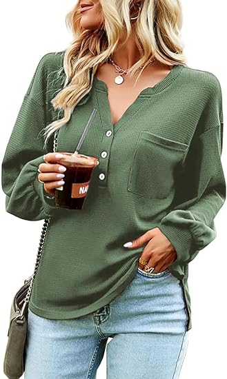 Photo 1 of Fessceruna Womens Waffle Knit Tops Long Sleeve Henley V Neck Loose Fit Side Split Shirts with Pocket GREEN Black
