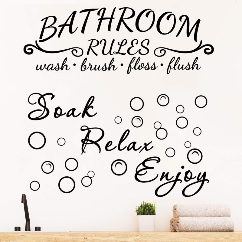 Photo 1 of 2 Pieces Bathroom Wall Decals Sticker Soak Relax Enjoy Bathroom Rules Wall Sticker Vinyl Quote Wall Art Decor for Home Bathroom (Simple Style, Black)
