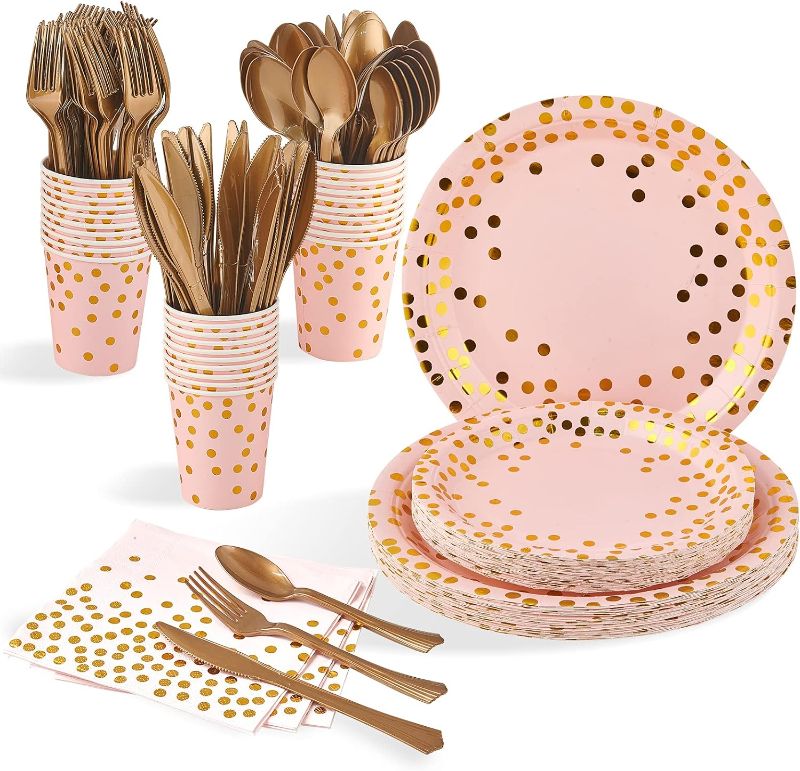 Photo 1 of 210 Piece Golden Dot Disposable Party Dinnerware Set 30 Guest -Pink Paper Plates Napkins Cups,Gold Plastic Forks Knives Spoons,FOCUSLINE Pink and Gold Party Supplies for Graduation Birthday Wedding
