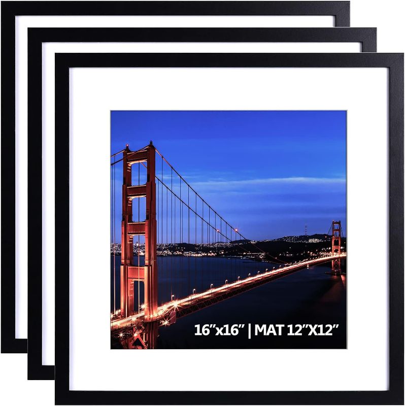 Photo 1 of 16x16 Picture Frame Black Set of 3, Square Photo Frame Displays 12x12 with Mat or 16 x 16 without Mat, Gallery Wall Frame for Wall Mounting (3 Pack, Black)
