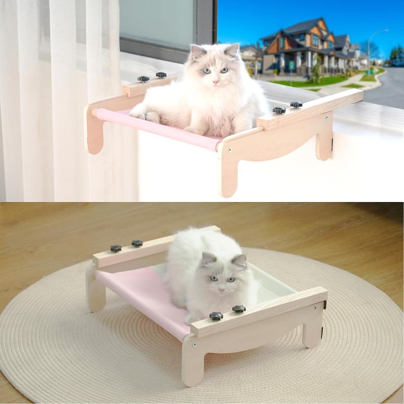 Photo 3 of 2-in-1 Cat Window Perch Pet Kitten Bed Hammock Seat Versatile Resting Spot for Sunbathing Watching and Relaxing Ideal for Windowsill Bedside Drawer Cabinet (Upgraded-Gray with Pink)