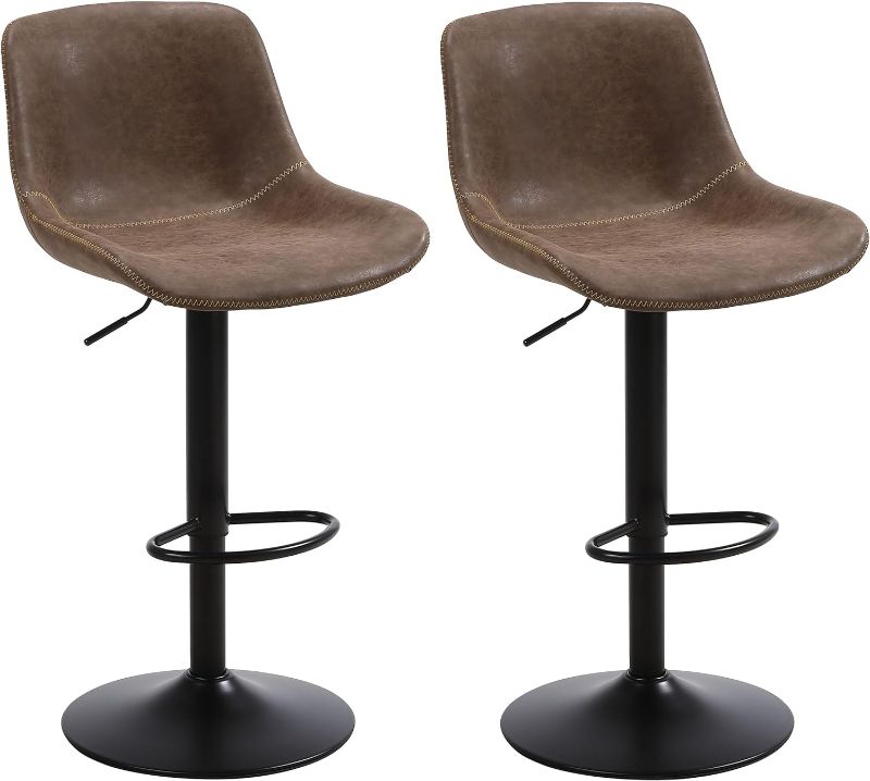 Photo 1 of Bar Stools Set of 2, Swivel Counter Height Barstools with Back, Adjustable Modern Bar Chairs, Tall Armless PU Leather Kitchen Island Stool, Brown