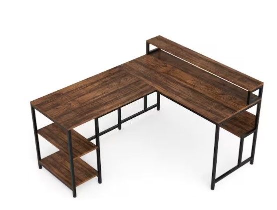 Photo 1 of Perry 59 in. L-Shaped Rustic Brown Wood Computer Desk with Storage Shelves
