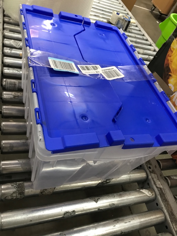 Photo 2 of **MINOR DAMAGE CRACK DOWN THE SIDE OF PLASTIC BIN** Akro-Mils 66486 12-Gallon Plastic Stackable Storage Keepbox Tote Container with Attached Hinged Lid, 21-1/2-Inch x 15-Inch x 12-1/2-Inch, Clear/Blue Clear/Blue Keep Box