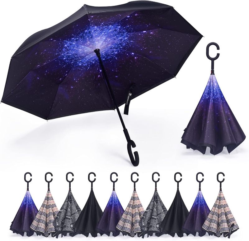 Photo 1 of Inverted Umbrella Windproof Double Layer Reverse Umbrellas with C-Shaped Handle Straight Umbrella for Car Rain-factory shop