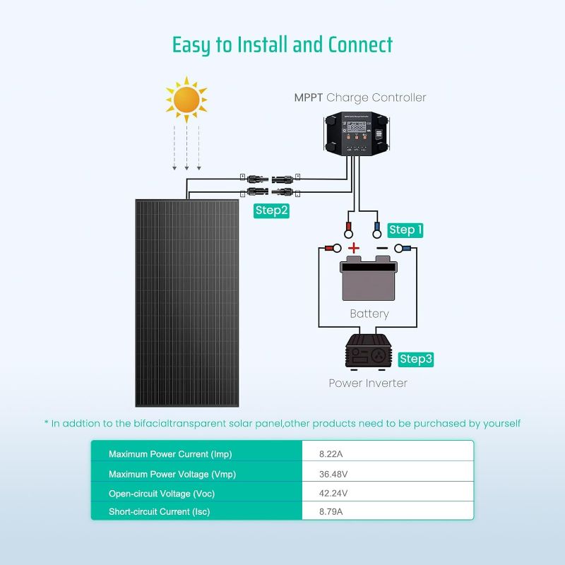 Photo 5 of (READ FULL POST) Bifacial 300 Watt Solar Panel, 10BB 12/24V 300W Monocrystalline Solar Panel Panel High Efficiency Module Monocrystalline Technology Work with Charger for RV Camping Home Marine Off-Grid
