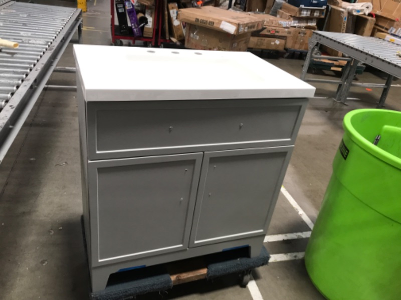 Photo 5 of BACK OF FRAME CRACKED Style Selections Potter 30-in Gray Single Sink Bathroom Vanity with White Cultured Marble Top
