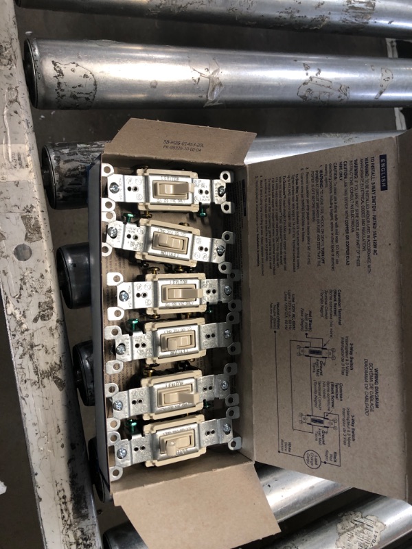 Photo 2 of 2 Boxes Leviton 1453-2TM 15 Amp, 120 Volt, Toggle Framed 3-Way AC Quiet Switch, Residential Grade, Grounding, Quickwire Push-In & Side Wired, 6-Pack, Light Almond 6 Pack Light Almond