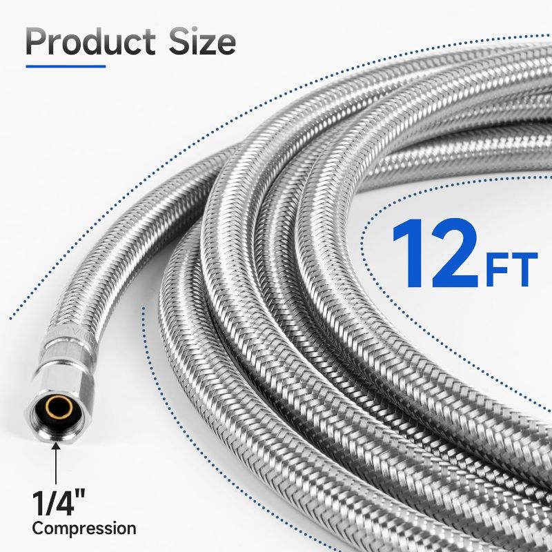 Photo 1 of 12 FT Refrigerator Water Line, 1/4 Inch Compression Stainless Steel Ice Maker Hose Connector, For Medium-sized Residences with Moderate Distance
