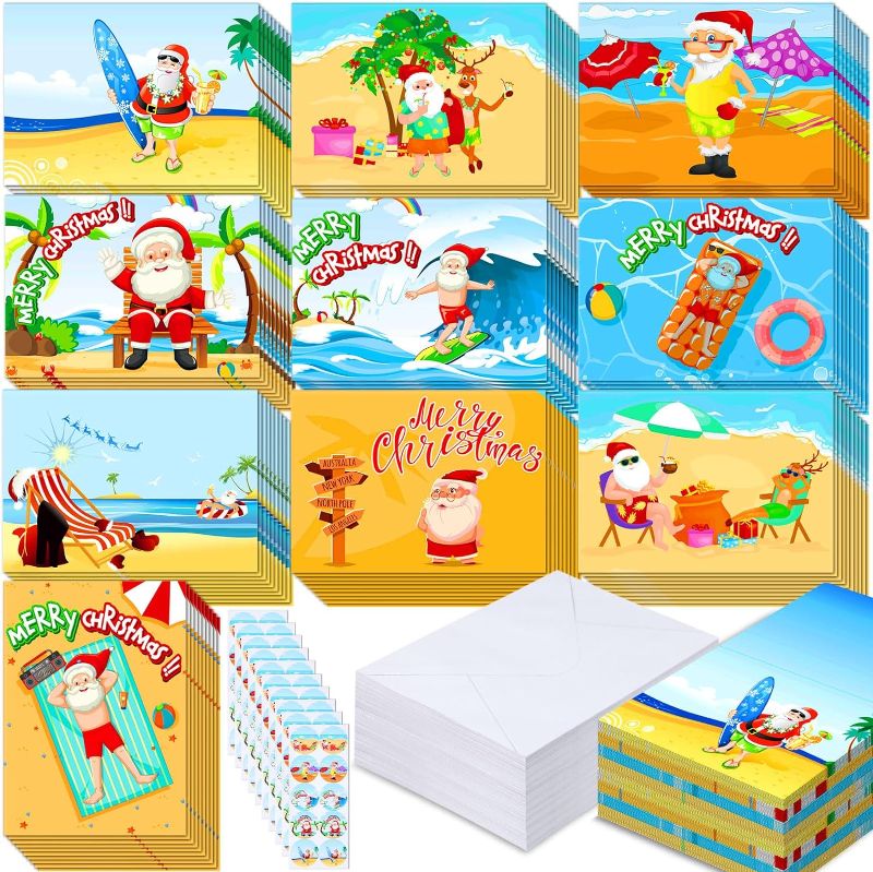 Photo 1 of 100 Sets Beach Christmas Cards with Envelopes and Stickers Hawaiian Blank Merry Christmas Greeting Card Variety Pack 10 Different Designs for Xmas Holiday Gifts(Cartoon Pattern)
