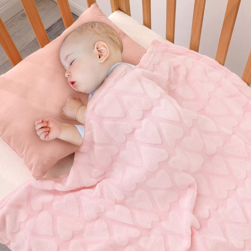 Photo 1 of Bertte Plush Baby Blanket for Boys Girls | Swaddle Receiving Blankets Super Soft Warm Lightweight Breathable for Infant Toddler Crib Stroller - 33"x43" Large, Pink Hearts Embossed
