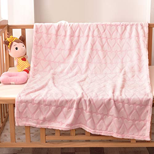 Photo 1 of Bertte Plush Baby Blanket for Boys Girls | Swaddle Receiving Blankets Super Soft Warm Lightweight Breathable for Infant Toddler Crib Stroller - 33"x43" Large, Pink Hearts Embossed
