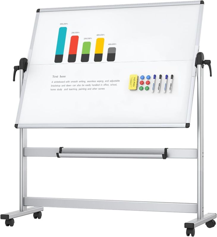 Photo 1 of VIZ-PRO Double-Sided Mobile Whiteboard, 48 x 36 Inches, Magnetic Rolling Dry Erase White Board on Wheels with Aluminium Frame and Stand
