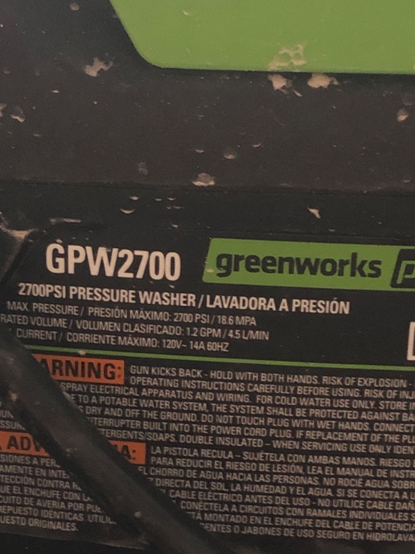 Photo 8 of (see all images) Greenworks Pro 2700 PSI 2.3-Gallons Cold Water Electric Pressure Washer
