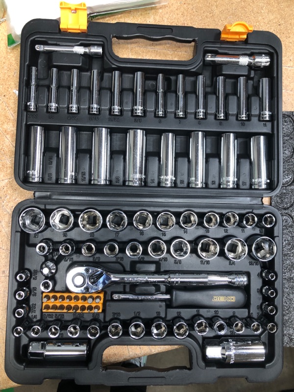 Photo 2 of DEKOPRO Socket Set, 85-Piece 1/4" and 3/8" Drive Socket Wrench Set with Quick-Release Ratchet,Metric and SAE,Spinner Handle,Adaptor,Screwdriver Set,Extension,for Auto Repairing & Household