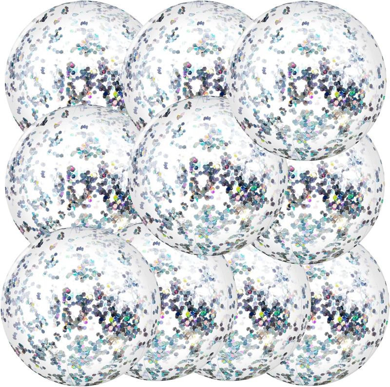 Photo 1 of 10 Pieces Inflatable Beach Balls Glitter Beach Ball Swimming Pool Balls Floatable Confetti Ball for Summer Beach Pool Party Favor for Kids Adults, 16 Inch (Silver)
