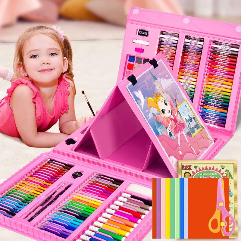 Photo 1 of Art Supplies,208 Pack Art Set Drawing Kit for Girls Boys Artist, Deluxe Gift Art Box with Trifold Easel,Includes Oil Pastels, Crayons, Colored Pencils, Coloring Book, Scissors, Origami Paper 40 Sheets
