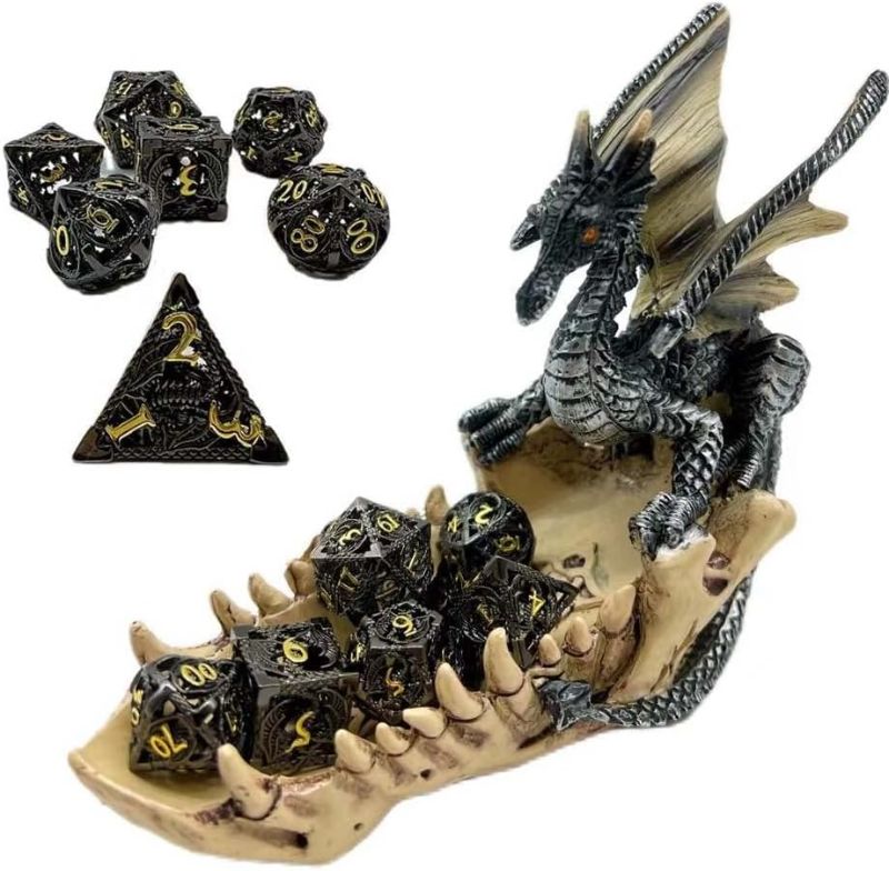 Photo 1 of DND Dice,Hollow D&D Metal Dice,Dungeons and Dragons Dice Set with Dragon Dice Tray Holder for RPG Warhammer MTG Pathfinder 6 Sided dice Role Playing Dice D20 D12 D10 D8 D6 D4 (Black Gold)
