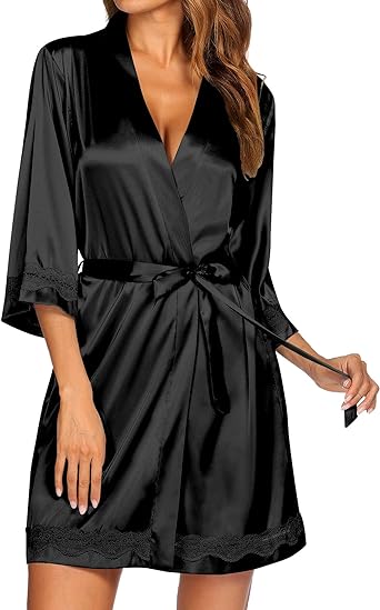 Photo 1 of *missing belt*MEDIUM8
Ekouaer Women's Lace-Trim Silk Robes Bride Bridesmaid Kimono Satin Bathrobe V Neck Sleepwear with 3/4 Sleeve
