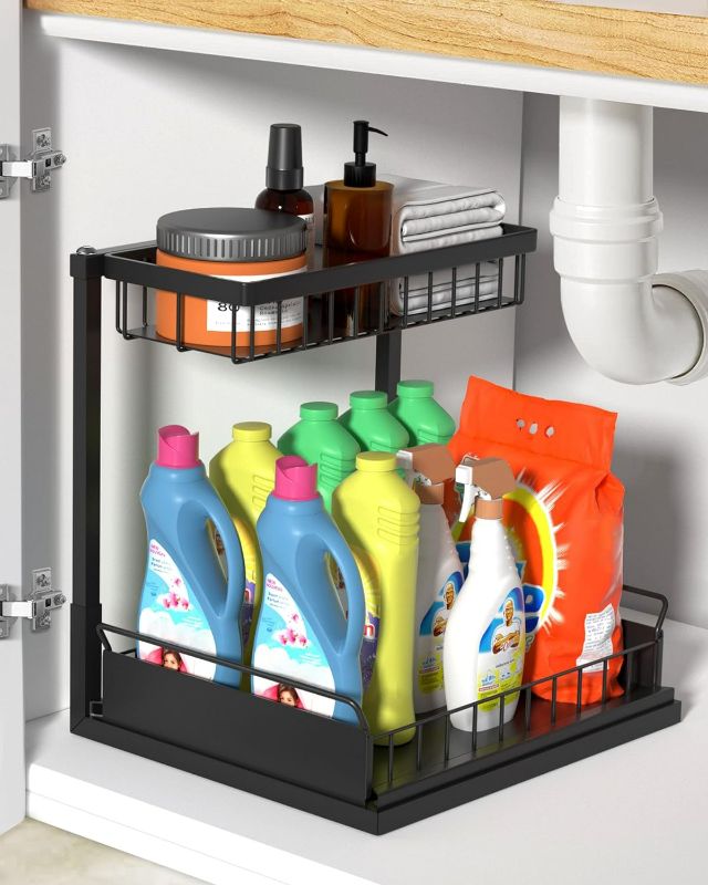 Photo 1 of (READ FULL POST) Under Sink Organizer,Metal Pull Out Kitchen Cabinet Organizer with Sliding Drawer,Sturdy Multi-Functional for Bathroom Organization,Black