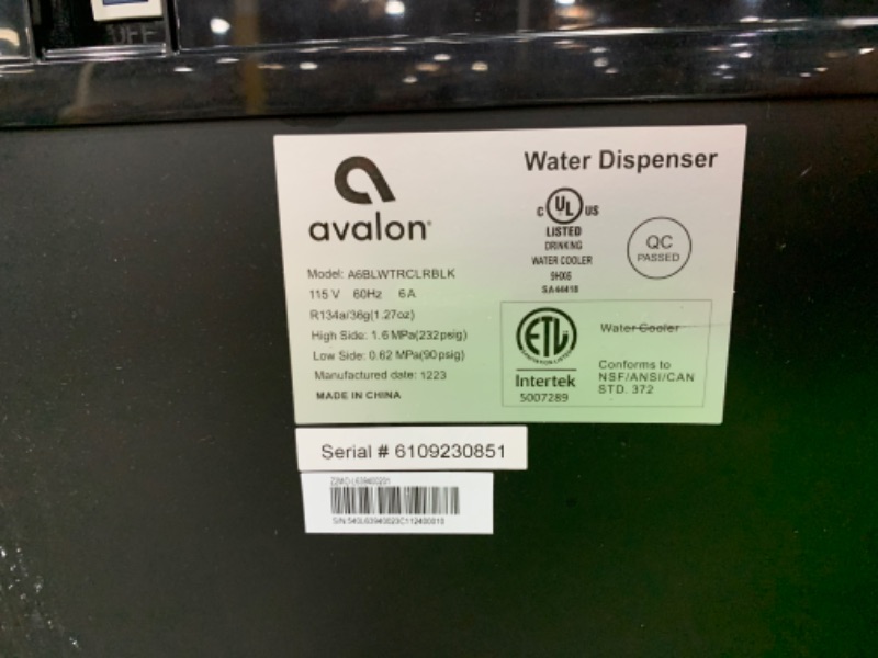 Photo 4 of **SEE NOTS** Avalon A6BLWTRCLRBLK Touchless Bottom Loading Cooler Dispenser-Hot & Cold Water, Child Safety Lock, Innovative Slim Design, Holds 3 or 5 Gallon Bottles-UL/Energy Star Approved-Black Black Dispenser