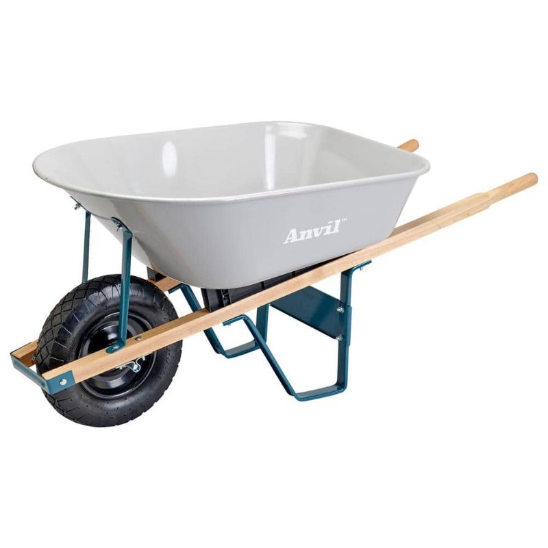 Photo 1 of **SEE NOTES**Anvil 6 Cu. Ft. Steel Tub Wheelbarrow with Wooden Handles and Pneumatic Tire, Gray
