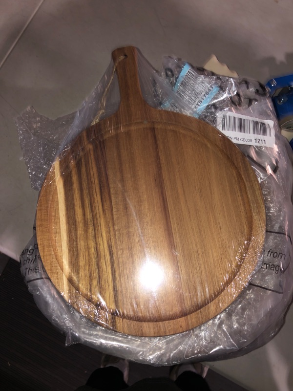 Photo 2 of (NON-REFUNDABLE) Tanlade 12 Pieces Acacia Wood Boards Round Cutting Board with Handle Wooden Serving Board Kitchen Chopping Boards Pizza Tray Paddle Wood Board for Bread, Cheese Charcuterie, Fruit, Vegetables