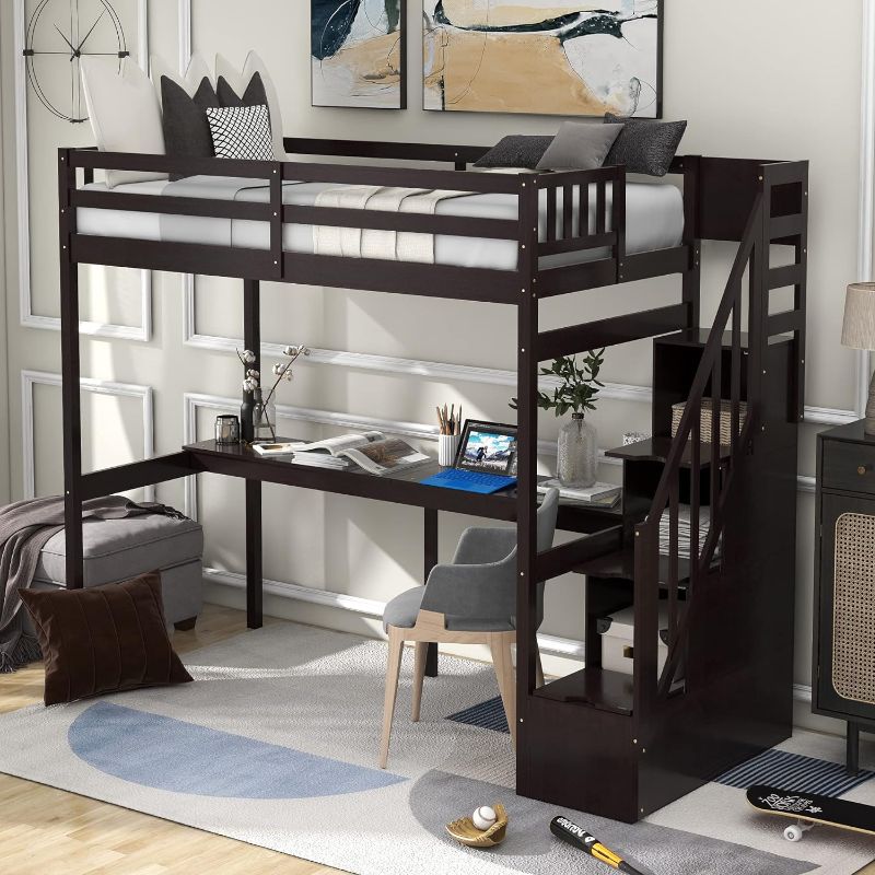 Photo 1 of **SEE NOTES**Loft Bed with Desk and Stairs, Twin Size Loft Bed with Storage Staircase, Wooden Loft Bed with Step for Kids Boys Girls Teens, Espresso(BOX 1 ONLY)

