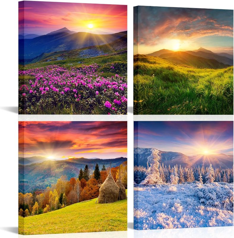 Photo 1 of 4 Seasons Canvas Wall Art Spring Summer Autumn Winter Landscape Painting Forest Picture Prints Framed Modern Artwork For Bedroom Kitchen Living Room 12"x12"x4 Pcs
